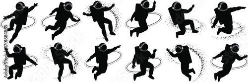 Astronaut and Space Silhouettes: A Vector Collection of Spacewalking Figures for Science, Technology, and Cosmic-themed Designs.