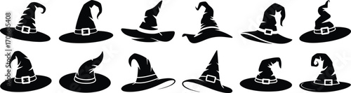 Witch Hat Silhouettes: A Vector Collection of Classic Halloween Costume and Spooky Party Icons for Holiday Designs.