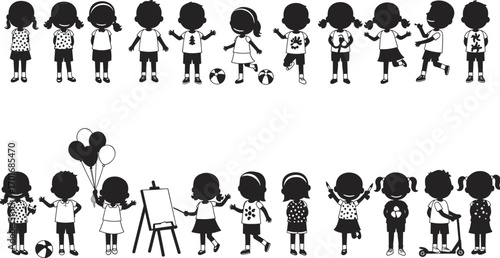 PrintSilhouette illustration of children playing, holding balloons, painting, and enjoying outdoor activities, representing childhood fun, creativity, friendship, and happiness.