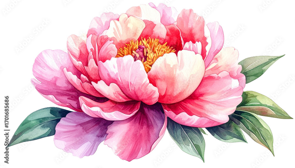 Obraz premium Cheerful flower vector with garden vibes, pink peony blossom and lush green leaves create vibrant and uplifting floral illustration