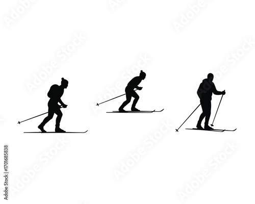 Three silhouettes of cross country skiers in motion demonstrating different stages of the skiing technique on a white background