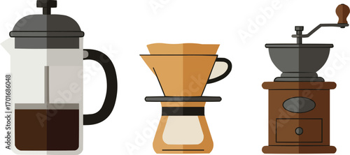 Flat Vector Coffee Brewing Set French Press Drip Grinder Illustration