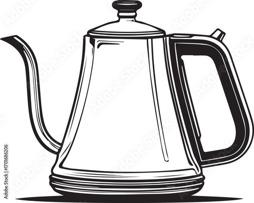 Elegant Pour-Over Kettle Illustration: A sophisticated, minimalistic rendering of a sleek stainless steel kettle, exuding an air of refined simplicity perfect for any modern kitchen. 
