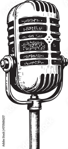 Vintage Microphone: A captivating and detailed illustration of a classic vintage microphone, evokes the golden age of broadcasting. The design, with intricate metalwork and a timeless silhouette.