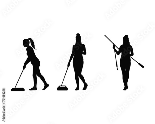 Silhouette of a woman in three different poses performing cleaning tasks with a broom and mop on a white background