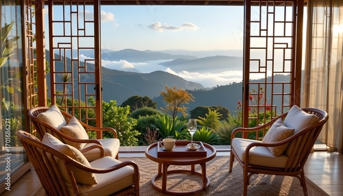 an interior view of a modern living room with large sliding glass doors offering a scenic view of a hilly landscape under a clear sky