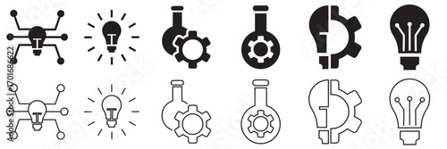 Innovation and business strategy icon . Collection of blue creative icons including light bulbs, gears, graphs, checkmarks, and lightning bolts symbolizing  innovation, ideas, and business solutions.
