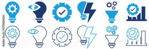 Innovation and business strategy icon . Collection of blue creative icons including light bulbs, gears, graphs, checkmarks, and lightning bolts symbolizing  innovation, ideas, and business solutions.
