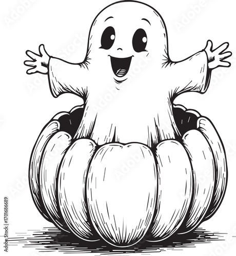Spooky Pumpkin: A cheerful ghost perched within a pumpkin, exuding a playful spirit, inviting viewers to the joys of Halloween.