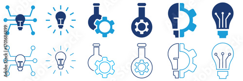 Innovation and business strategy icon . Collection of blue creative icons including light bulbs, gears, graphs, checkmarks, and lightning bolts symbolizing  innovation, ideas, and business solutions.

