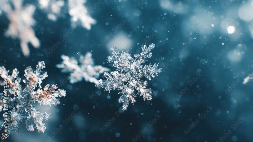 Fototapeta premium Detailed Macro Photograph of Snowflakes Capturing Winter's Beauty with a Blue Hued Background and Bokeh Elements