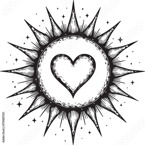 Mystical Heart Design: An intricate, captivating, and symbolic design, a heart is encircled by radiant sun rays, radiating a sense of warmth, love, and spiritual connection.