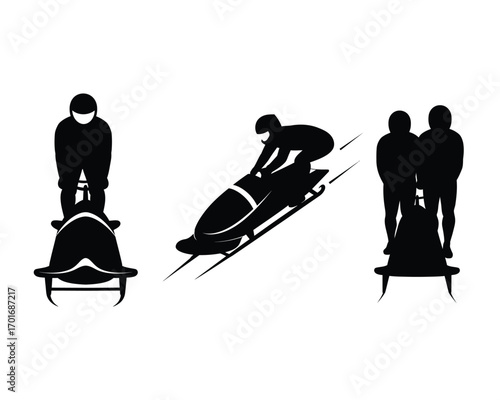 Dynamic silhouettes of bobsled athletes in action showcasing speed and teamwork on a winter sports track