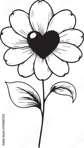 Blooming Heart: Delicate line art unveils a single flower with a heart-shaped center, symbolizing love and natural beauty. This graphic captures the essence of growth and affection.