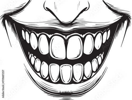 Sinister Grin in Monochrome: A detailed monochrome illustration of a chilling, wicked smile, teeth bared in an unsettling expression.