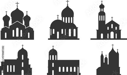 Church Building Silhouettes: A Collection of Orthodox and Christian Temple Icons Representing Faith, Religion, and Architecture.