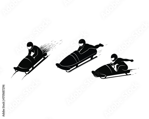 Three stylized black silhouette illustrations of bobsled teams racing down an icy track in a winter sport competition