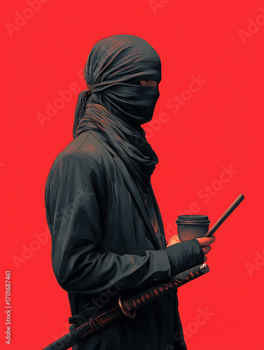 A young man wearing a ninja costume holds a cup of hot coffee.