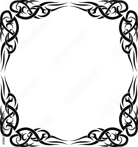 Black and white tribal frame vector illustration, a decorative ornate corner border with elegant Celtic knot-style design, perfect for graphic design elements, tattoo art, and vintage invitations.