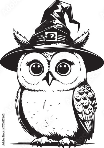 Owl in Witch Hat: A charming illustration of an owl, adorned with a stylish witch hat, embodying the enchantment of Halloween.