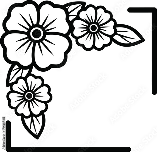 Black and white floral corner frame vector illustration, a simple decorative design with stylized flowers and leaves on a geometric border, perfect for invitations, certificates, and scrapbooking.