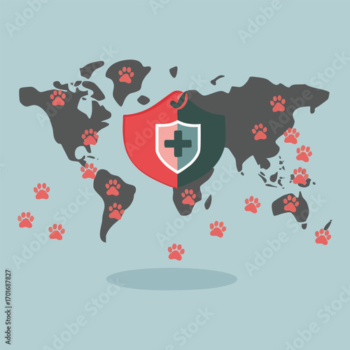 World Rabies Day vector set featuring vet vaccinating dog, silent killer dog shadow, rabies warning signs, red alert rabid dog silhouette, and animal shelter protection icons in minimal style.