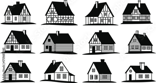 Traditional House Silhouettes: Black and White Icons of European and American Log Cabins and Tudor-Style Homes

.