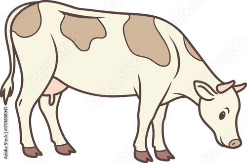 Vector art of a cartoon illustration of a cow with brown spots, grazing peacefully, isolated on a