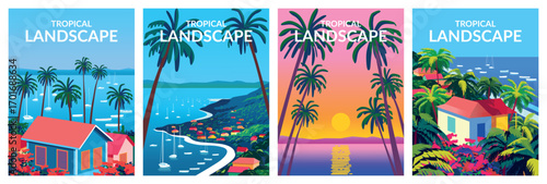 Vector Set of 4 tropical island cityscapes with caribbean small town, palms, green trees, yachts and blue sea in the background. Handmade drawing vector illustration.