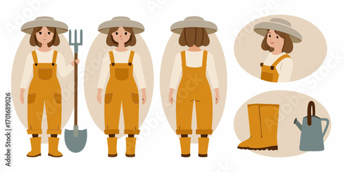 Illustration of a farmer character in overalls and hat with gardening tools and boots