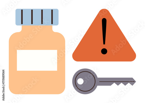 Medicine bottle next to caution triangle with exclamation mark and a key. Ideal for health safety, medical warnings, access, security, danger alerts, responsibility, pharmaceutical metaphor. Clear