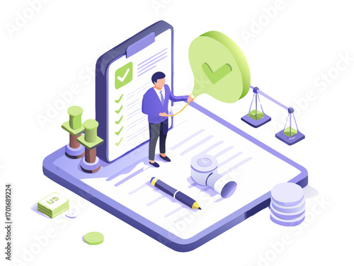 Business professional reviewing checklist and balancing scales with approved checkmark symbol and currency
