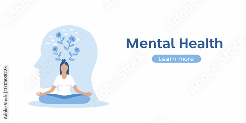 Woman meditating inside a silhouette of a head with flowers and clouds symbolizing mental health and well being