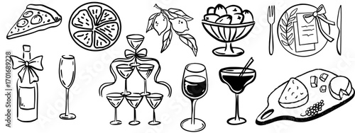 Hand Drawn Chalk Food Vector Set Mediterranean Dinner Wine Champagne Charcuterie Illustrations