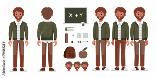 Male teacher character design kit with front back and side views and school supplies