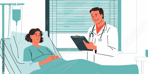 Doctor consults with a female patient lying in a hospital bed with an iv drip