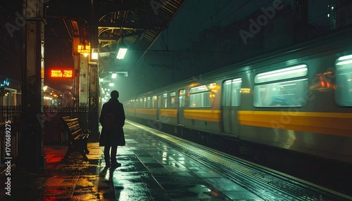 A solitary figure stands on a wet train platform at night as a train passes by.