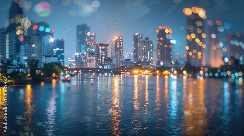 Obraz premium Skyscrapers, with views of twilight light from the sky, evening, blurred background.