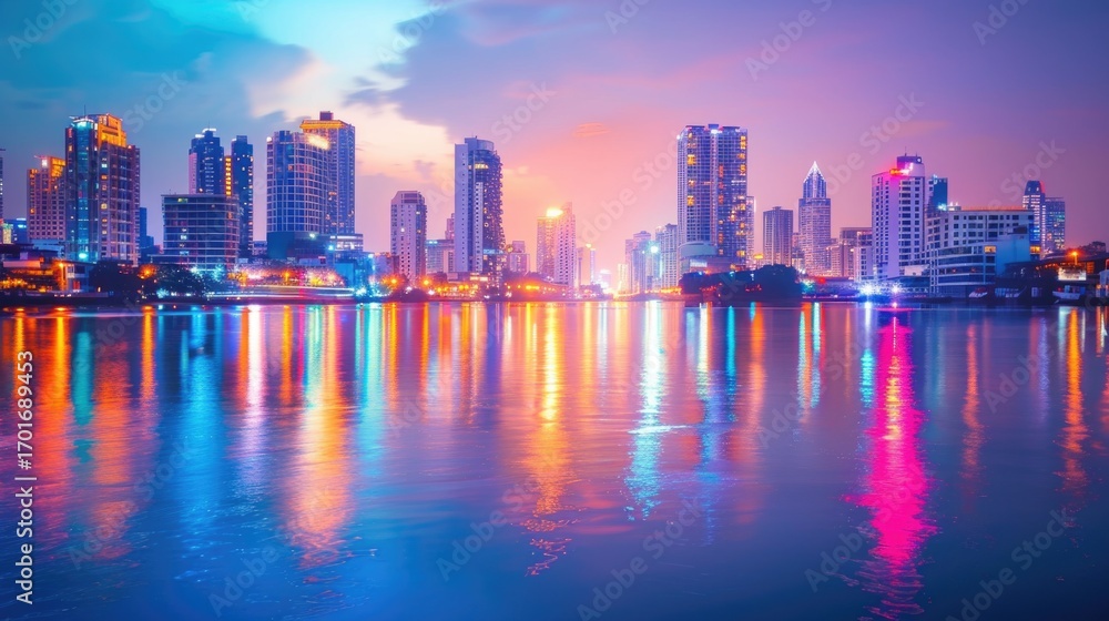 Naklejka premium Skyscrapers, with views of twilight light from the sky, evening, blurred background.