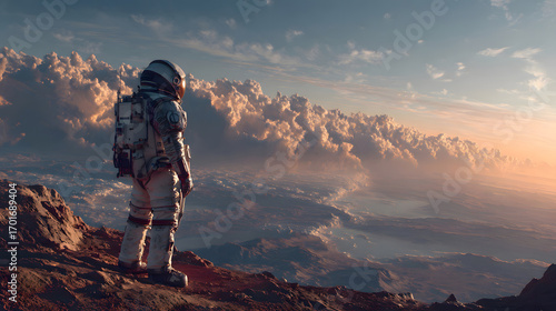 Fototapeta Naklejka Na Ścianę i Meble -  Astronaut on a distant planet looking at the beautiful sunset AI Generated