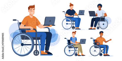 Diverse group of people in wheelchairs using laptops for work and communication