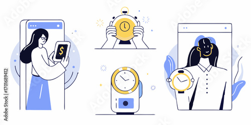 Modern flat illustration of people interacting with time and money concepts using clocks and smartphones