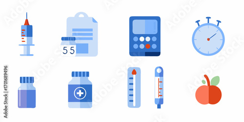 Collection of medical and health related icons including a syringe medicine bottles thermometer stopwatch and apple