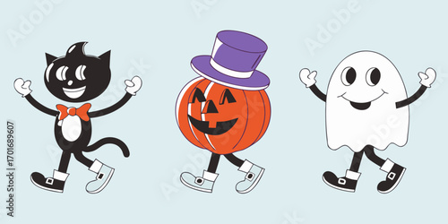 Retro style halloween characters walking together a black cat a pumpkin and a ghost