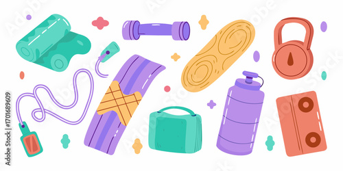 Collection of colorful cartoon fitness equipment and accessories for exercise and healthy lifestyle