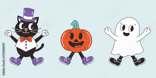 Cute cartoon black cat in top hat jack o lantern pumpkin and friendly ghost characters celebrating halloween