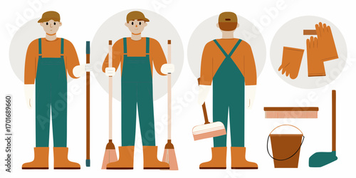 Set of flat illustration characters and cleaning tools for janitorial services and housekeeping work
