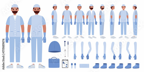 Medical professional character design kit with various poses and accessories for healthcare illustration