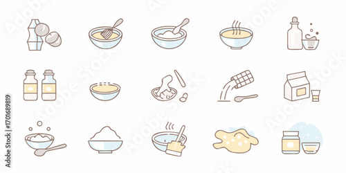 Collection of simple line art icons illustrating the process of making dough and baking ingredients