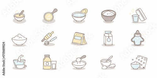 Cute hand drawn icons representing baking ingredients and cooking tools with a whimsical style